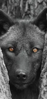 A gray wolf peers between trees, showcasing its striking yellow eyes.