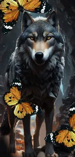 Wolf surrounded by vibrant butterflies in forest setting.