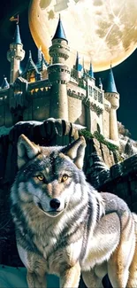 Majestic wolf stands before a castle under a full moon.