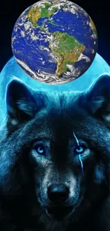 Wolf with blue eyes against Earth and moon backdrop.