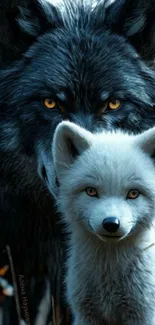 Dark wolf and white fox side by side in a forest.