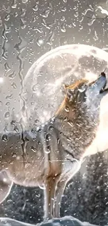 Wolf howling in snowy forest under a full moon.