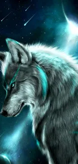 Majestic wolf with galaxy backdrop, teal glow.