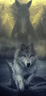 Majestic wolf leading shadowy horses in a dreamlike forest scene.