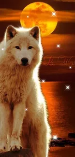 A white wolf stands majestically before a glowing full moon.