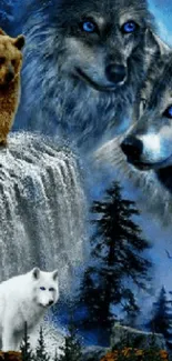 Majestic wallpaper with wolves, a bear, and waterfall in a forest setting.