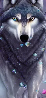 Majestic wolf surrounded by pink roses on a phone wallpaper.