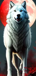 White wolf in front of a vivid red moon.