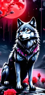 Majestic wolf under a red moon surrounded by roses.