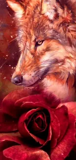 Majestic wolf with a red rose in artistic mobile wallpaper.