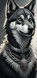 Realistic wolf art with chain necklace on mobile wallpaper.