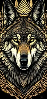 Intricate wolf artwork with gold details on a black background.