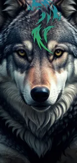 Majestic wolf with vivid colors on a phone wallpaper.