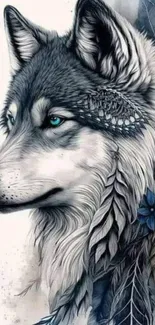 Detailed wolf illustration with leaves and blue-gray tones.