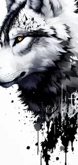 Black and white wolf art wallpaper with yellow eyes.