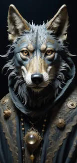 Majestic wolf in detailed artistic design cloak.