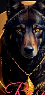 A majestic wolf with golden necklace on mobile wallpaper.