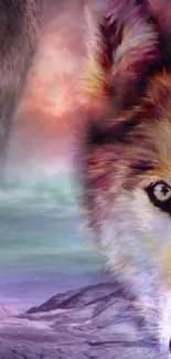 Artistic wolf in vibrant colors with mystical background.