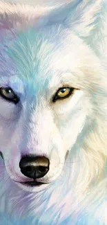 Majestic white wolf artwork with pastel hues.