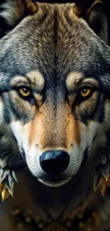 Majestic wolf art wallpaper depicting a realistic wolf face.