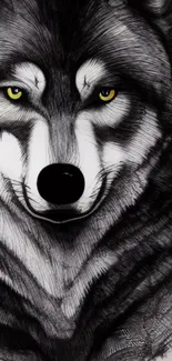 Intricate black and white wolf art with striking yellow eyes, ideal for mobile wallpaper.