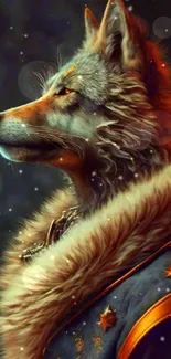 Majestic wolf in cosmic art style with starry elements and fur details.