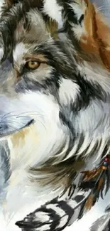 Majestic wolf artwork with feathers in brown and gray tones.