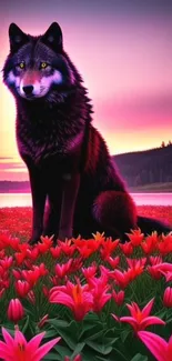 Majestic black wolf sitting in vibrant red flowers against a stunning pink sunset.