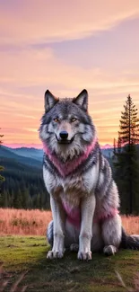 Majestic wolf in a sunset forest with pink skies and trees.