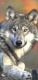 Majestic wolf resting amidst autumn colors in a forest setting.