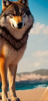 Majestic wolf standing on a beach with a beautiful coastal background.