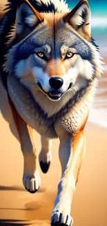 Majestic wolf running on a sandy beach with ocean waves in the background.