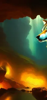 Majestic wolf in a glowing cave artwork for phone wallpaper.