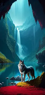 Wolf standing in a vibrant cave with waterfalls and lush greenery.