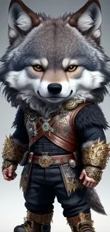 Whimsical wolf character in fantasy armor.