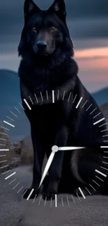 Majestic black wolf with clock overlay on serene mountain background.