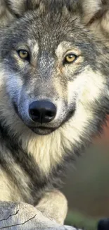 Close-up of a majestic wolf with striking eyes and detailed fur.