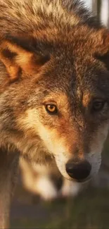 Close-up shot of a majestic wolf with brown fur and intense eyes.