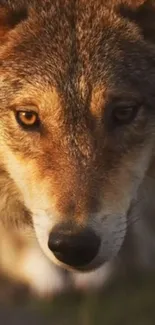 Close-up image of a wolf with intense gaze in natural light.