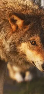 Close-up of a majestic wolf showcasing detailed fur and intense golden eyes.