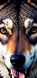 Close-up of a majestic wolf with detailed fur and intense amber eyes.