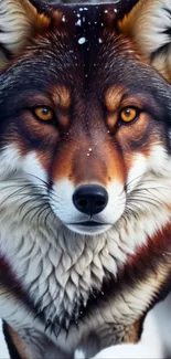 Majestic wolf close-up wallpaper with snowy background.