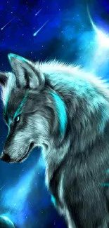 Majestic wolf under a cosmic night sky with stars.