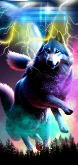 Vibrant cosmic wolf with electric sky and galaxy backdrop.