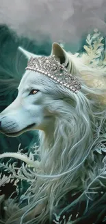 Majestic white wolf with a sparkling crown in nature-themed art.