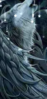 Majestic wolf with wings in dark fantasy wallpaper.