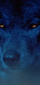 Majestic wolf with piercing yellow eyes in a dark blue theme.