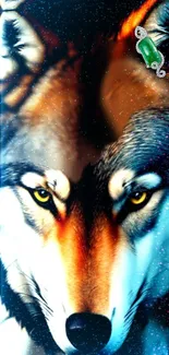 Majestic wolf design with vibrant colors and artistic details for mobile wallpaper.