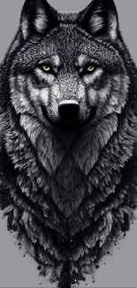 Grayscale detailed wolf design on a clean background.