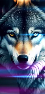 Majestic wolf with bi-colored eyes digital wallpaper.